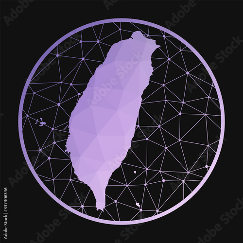 Taiwan icon. Vector polygonal map of the country. Taiwan icon in geometric style. The country map with purple low poly gradient on dark background.