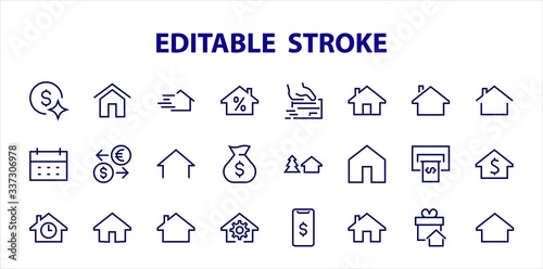 Simple set of line vector home icons. Contains house symbols at interest, infuse house and more. Editable stroke. 480x480 pixels perfect