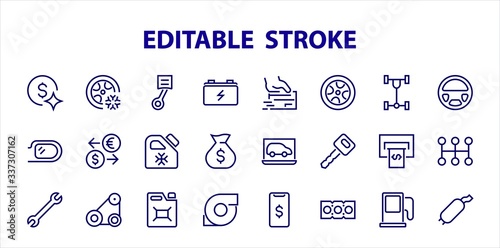 A simple set of car services related vector line icons. Contains icons such as oil, diagnostics, turbine, steering wheel, chassis, gearbox and much more. Editable move. 480x480 On a white background