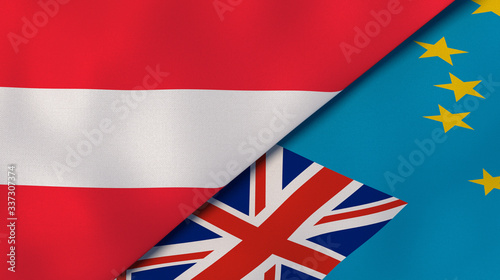 The flags of Austria and Tuvalu. News, reportage, business background. 3d illustration