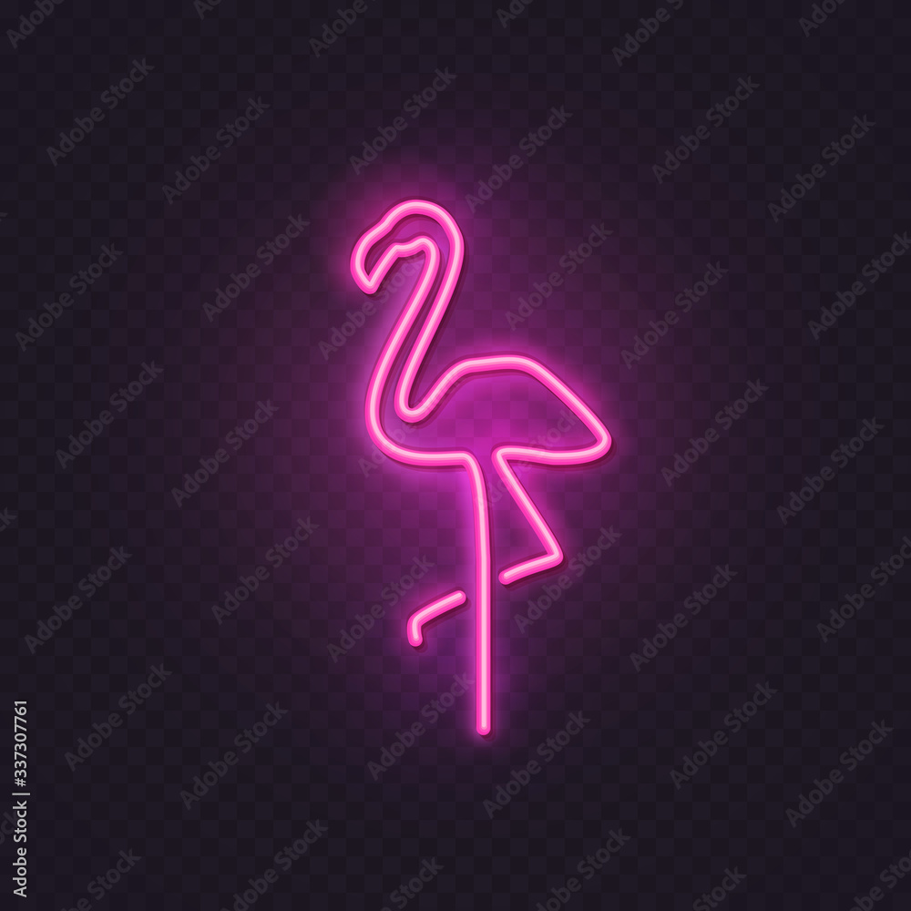 Neon flamingo lamp wall sign isolated on transparent background. Vector pink power glowing bulb banner, light line border or frame. - obrazy, fototapety, plakaty 