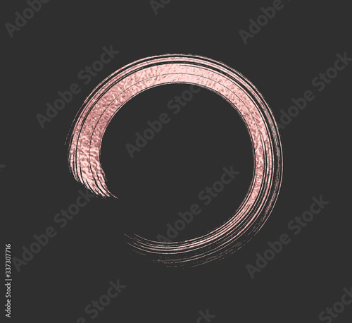 Gold rose metal brush stroke. Pink circle frame isolated on black background. Vector golden glitter mascara brushstroke...