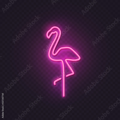 Neon flamingo lamp wall sign isolated on transparent background. Vector pink power glowing bulb banner, light line border or frame.
