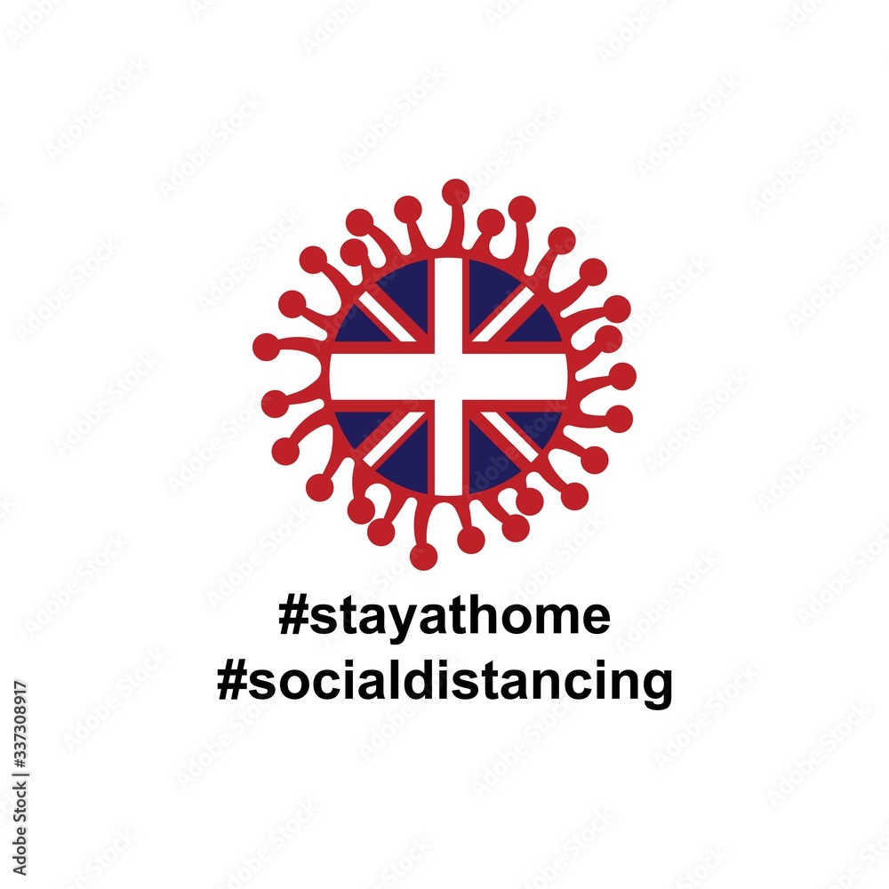 United Kingdom Flag in virus cells. Vector illustration of virus , bacteria, fungi and infections isolated on white background. with hastag stay at home and social distancing United Kingdom Flag in virus cells. Vector illustration of virus , bacteria, fungi and infections isolated on white background. with hastag stay at home and social distancing