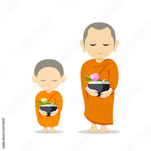 Monks and novices holding alms bowls, isolated on white background,vector illustration