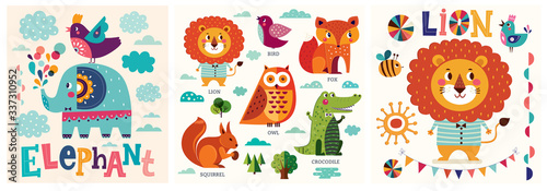 Colorful baby collection of funny animals owl, cat, bird, crocodile, lion, fox and children poster design with lion and elephant