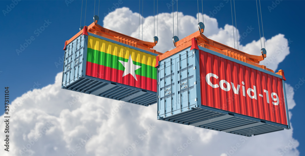 Container with Coronavirus Covid-19 text on the side and container with Myanmar Flag. Concept of international trade and travel spreading the Corona virus. 3D Rendering Container with Coronavirus Covid-19 text on the side and container with Myanmar Flag. Concept of international trade and travel spreading the Corona virus. 3D Rendering