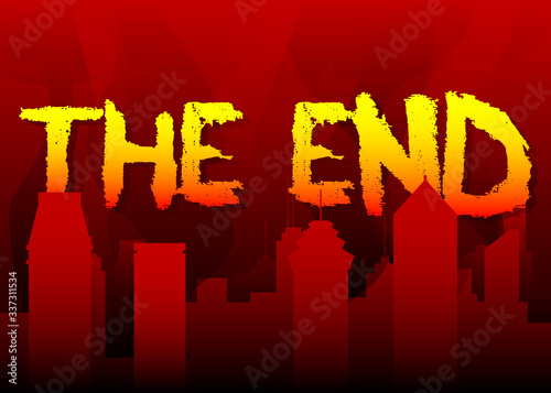 Abstract The End text. Vector illustrated crayon lettering with dark red city in the background.