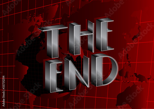 Art Deco The End text. Decorative sign with red world map and Earth globe. World's end design.