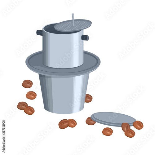Vietnamese traditional coffee dripper and scattered coffee beans. Coffee maker. Dripping hot coffee brewing system. Flat cartoon. Isolated vector EPS10.