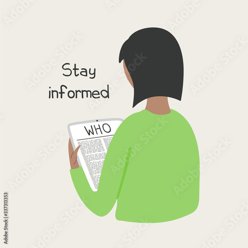 Coronavirus epidemic concept. Woman reading information from WHO site on a tablet, isolated. Hand drawn vector illustration. Poster, flyer. Flat style design. Covid-19 protection, prevention.