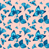 Blue indigo floral pattern watercolour painted leaves tropic background.