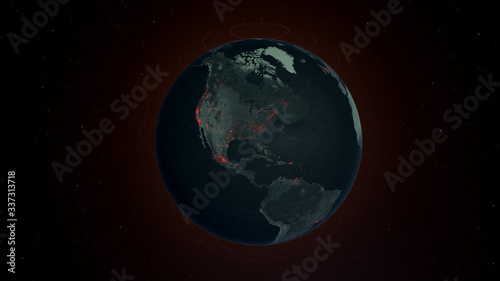 3D render of Map of the world showing Coronavirus Covid-19 spread throughout the different continents and countries. 