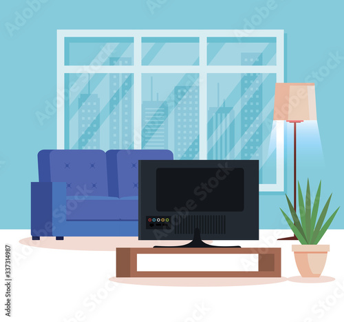 living room home place with couch and tv vector illustration design