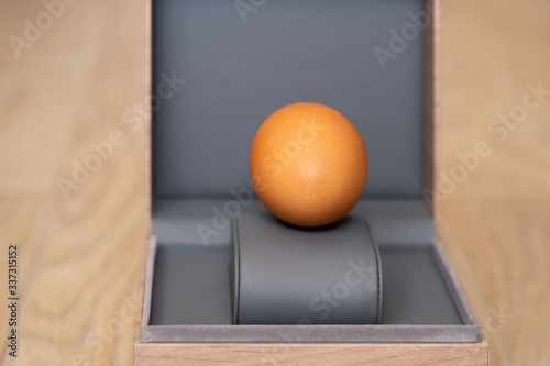 Brown chicken egg on a pedestal.Egg Defit Concept