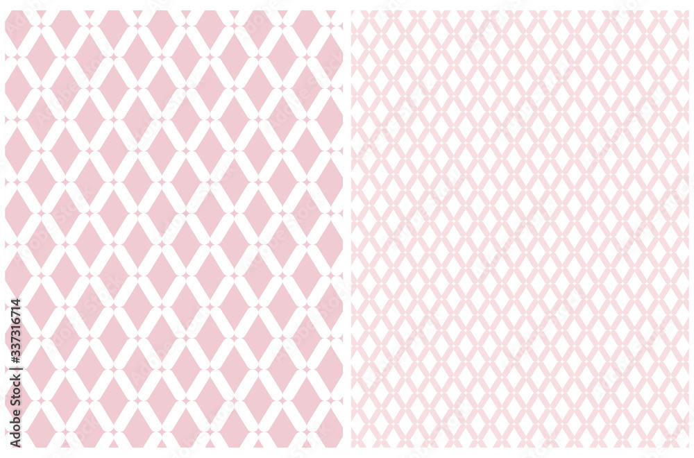 Geometric Seamless Vector Pattern with White Dots and Lines Isolated on a Light Pink Background. Pink Tiny Ornament on a White. Simple Pastel Color Repeatable Print.