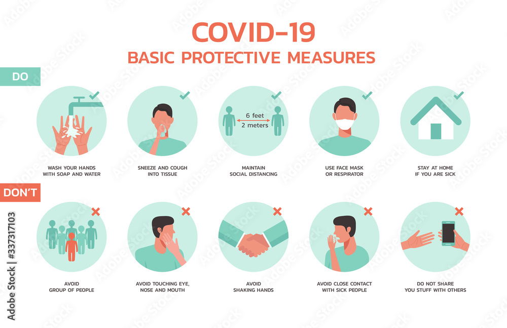 COVID-19 basic protective measure infographic, healthcare and medical about flu, fever and virus prevention, new normal, vector flat symbol icon, layout, template illustration in horizontal design - obrazy, fototapety, plakaty 