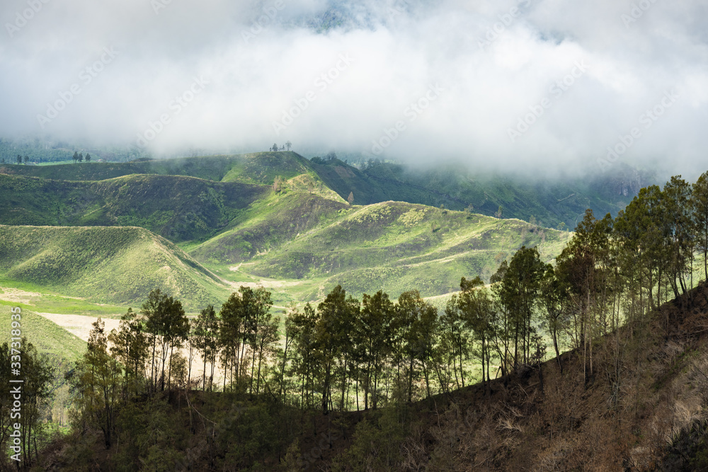 Fototapeta premium Stunning view of a beautiful mountain range surrounded by clouds during sunrise. Ijen Volcano complex. The Ijen volcano complex is a group of composite volcanoes located in East Java, Indonesia.
