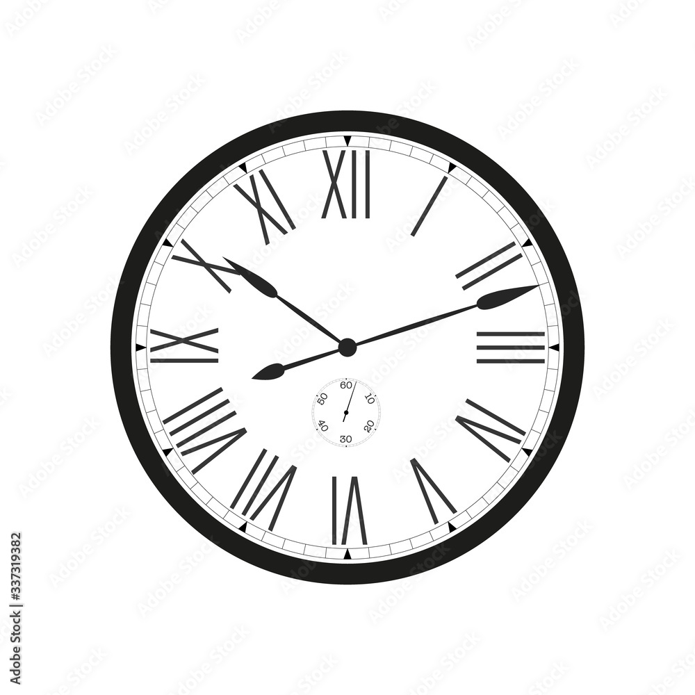 Wall clock with black frame and hands. Flat style vector illustration. Roman numeral clock with second hand isolated on white background. Wall decor. Easy to rotate hands Wall clock with black frame and hands. Flat style vector illustration. Roman numeral clock with second hand isolated on white background. Wall decor. Easy to rotate hands