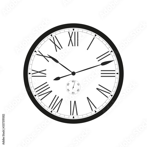 Wall clock with black frame and hands. Flat style vector illustration. Roman numeral clock with second hand isolated on white background. Wall decor. Easy to rotate hands