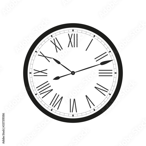 Wall clock with black frame and hands. Flat style vector illustration. Roman numeral clock isolated on white background. Wall decor. Easy to rotate hands