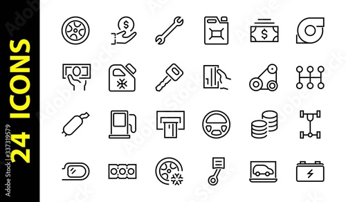A simple set of car services related vector line icons. Contains icons such as oil, diagnostics, turbine, steering wheel, chassis, gearbox and much more. Editable move. 480x480 On a white background