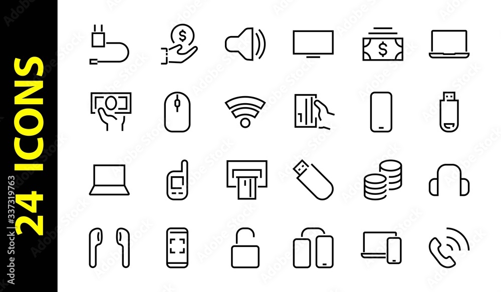 A set of smart devices and gadgets, computer hardware and electronics. Electronic devices icons for web and mobile vector lines. computer, telephone. Editable stroke. 48x48 pixels A set of smart devices and gadgets, computer hardware and electronics. Electronic devices icons for web and mobile vector lines. computer, telephone. Editable stroke. 48x48 pixels