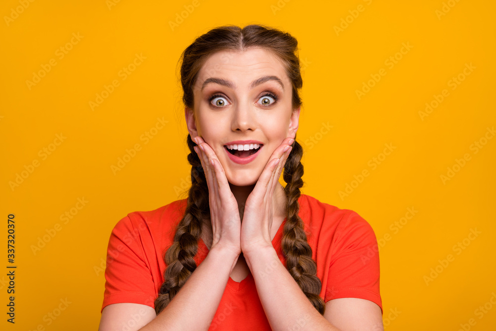Closeup photo of attractive shocked funny lady two long braids open mouth listen unexpected good news arms on cheeks wear casual red t-shirt isolated vivid yellow color background