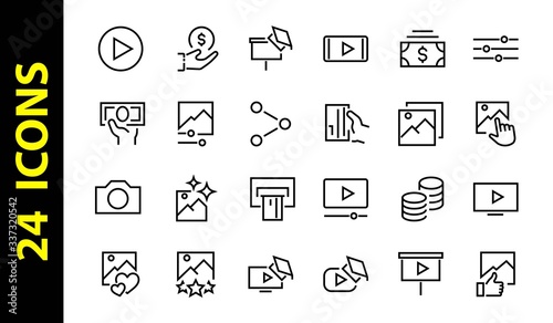 Set of Images Gallery vector line icons. Contains icons such as video, play video, edit images, Business Training, like photo. Editable stroke. Vector illustration