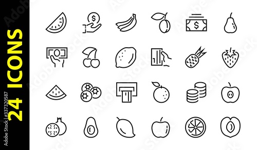 Fruit Icon Set, Vector lines, Contains icons such as apple, banana, cherry, lemon, watermelon, Avocado Editable stroke, 48x48 pixels, White background, eps 10