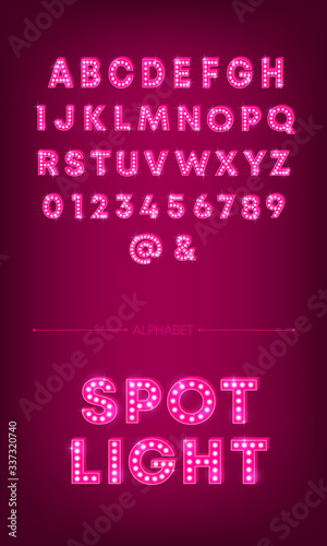 3d light bulb alphabet with pink frame isolated on dark pink background. Broadway show style retro glowing font. Vector illustration.