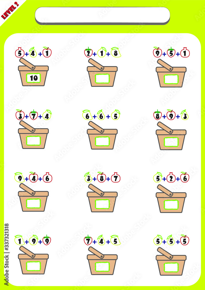 math worksheet for kids, Mental Maths Practice, educational game for children. Counting equations, addition activity