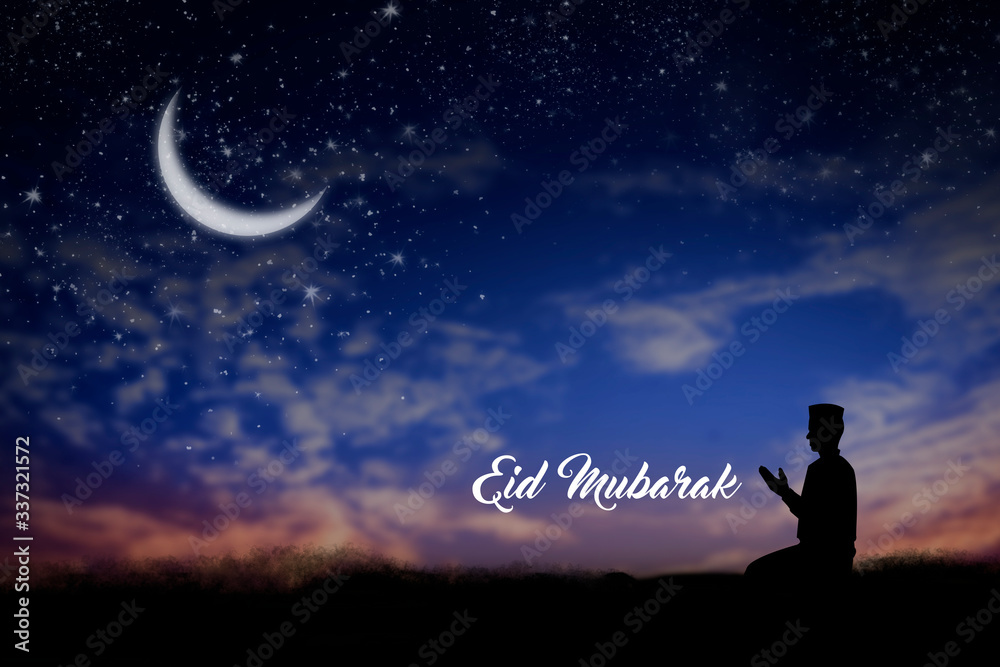 Silhouette young male muslim prayer with hijab praying to God front of landscape view concept for eid mubarak,