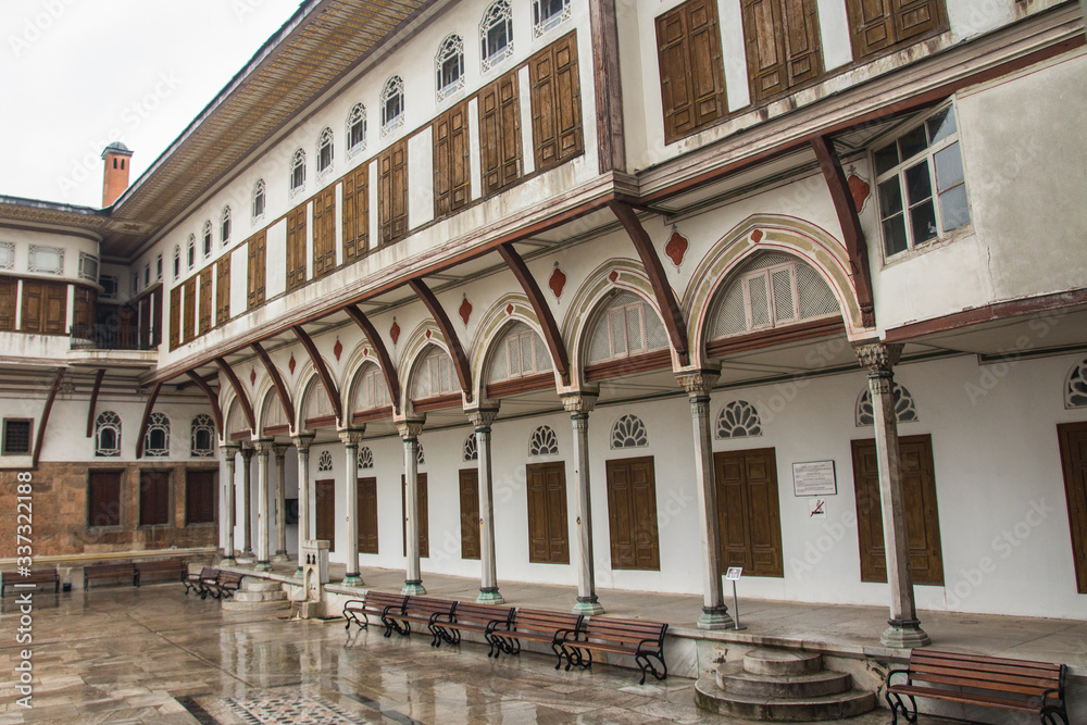 The inner courtyard of the Topkapi Palace Harem in Istanbul in rainy weather. Turkey