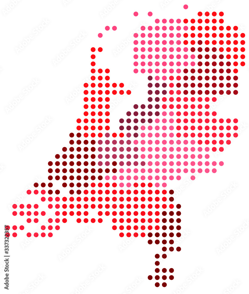 Vector circles pixel map of Netherlands administrative regions and areas in red color