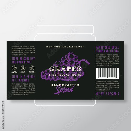 Handcrafted Fruit and Berry Spread or Jam Label Template. Abstract Vector Packaging Design Layout. Modern Typography Banner with Hand Drawn Grapes Silhouette Background.