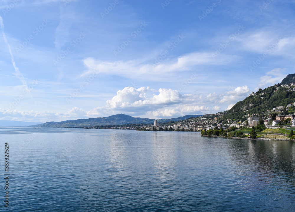 Veytaux, Switzerland-September 6, 2019: View of Montreux and the shores of Lake Léman.