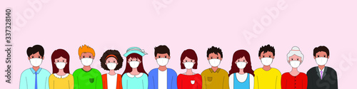 Group of people wearing medical masks to prevent disease, flu, air pollution, contaminated air, world pollution. Vector illustration in a flat style