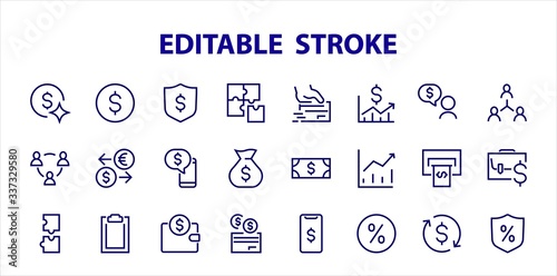 Set of business vector line icons. It contains user symbols, dollar pictograms, gears, briefcase, puzzles, envelope, percentage, messages, schedule, and more. Editable Bar 460x460 pixels.