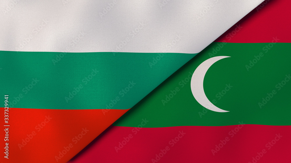 The flags of Bulgaria and Maldives. News, reportage, business background. 3d illustration