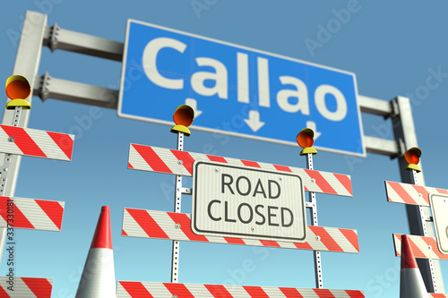 Roadblock near Callao city road sign. Lockdown in Peru conceptual 3D rendering © Alexey Novikov
