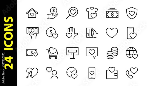 The set of icons about love contains such icons as love of music, declaration of love, heart, favorite home, Linear set. Vector on a white background. Editable stroke. 480x480