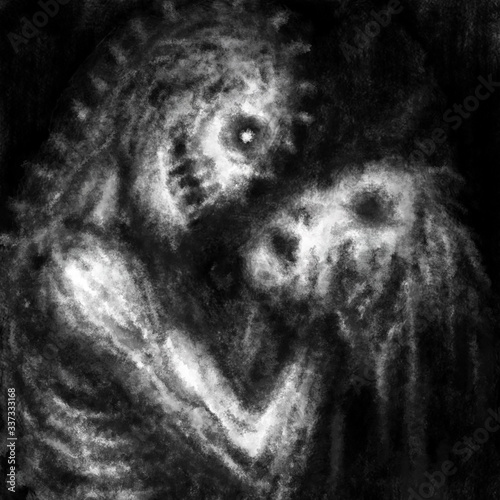Billede på lærred A scary demon holds a mask from a human face and smiles