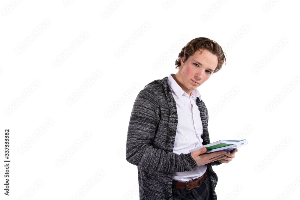 Young attractive student and textbooks. White background. Young attractive student and textbooks. White background.