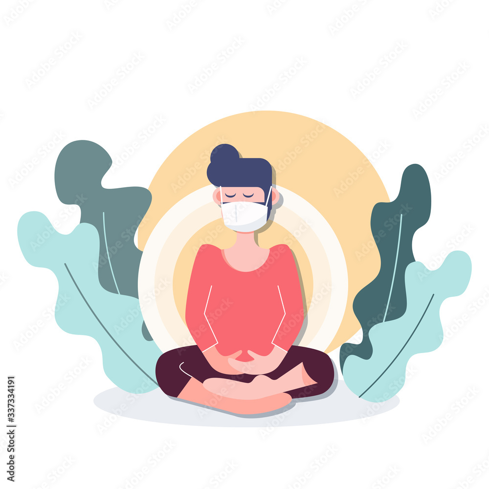 Fototapeta premium People meditation in shelter place during covid-19 coronavirus outbreak. flat character design abstract people. health care and medical vector.