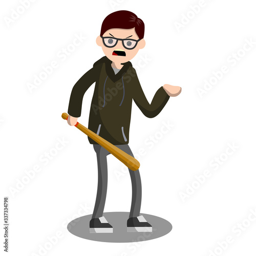 Man with baseball bat is extorting money. Problem of urban security. Thief at work. Extortion and robbery. Cartoon flat illustration