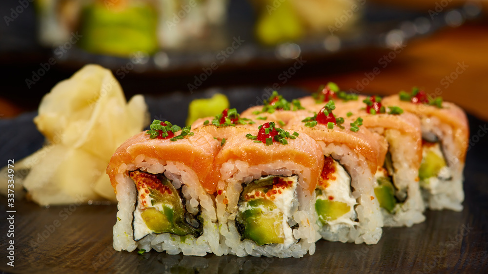 Japanese seafood sushi set, close-up. Shallow dof.