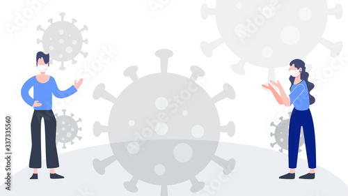 People wearing masks fight covid-19 coronavirus pandemic outbreak. Physical distancing concept. Flat design abstract people vector.