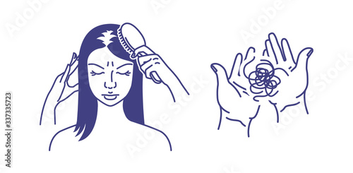 Hair loss. Alopecia. Baldness. A woman is combing her hair. A clump of hair on the palms. Vector illustration
