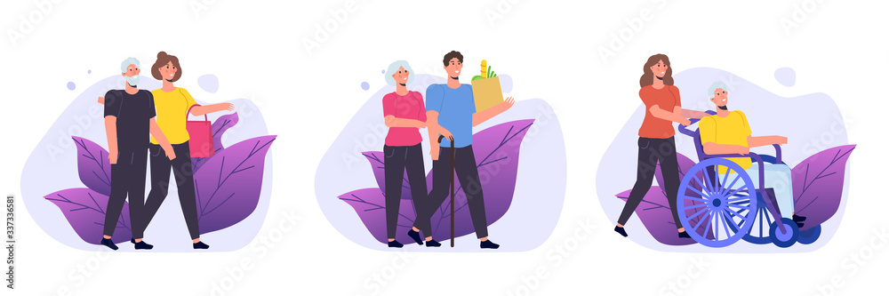 Social workers or Volunteer Care about senior people. Vector illustration.